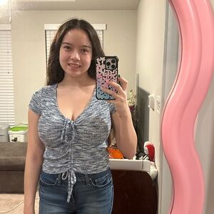 Blue Ruched V-Neck Women's Top